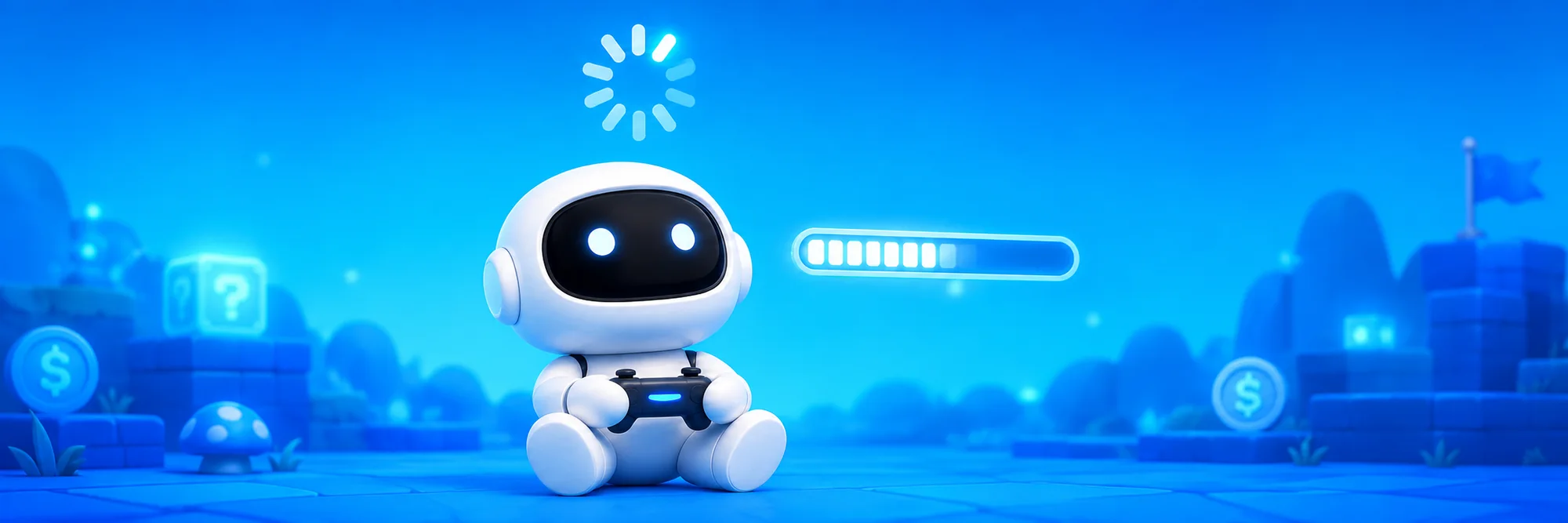 LOADBOT sitting in a blue game world, controller in hand, loading bar suspended beside him.